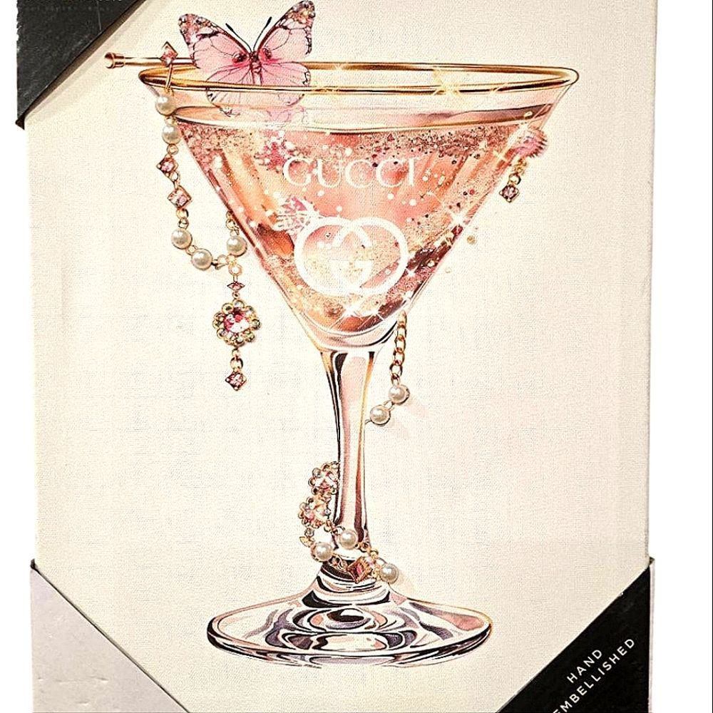 Design District Hand Embellushed Gucci Martini Butterfly Glass Canvas Wall Decor